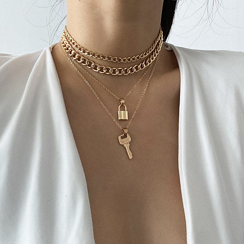 

retro necklace creative lock-shaped necklace key combination thick chain elements,