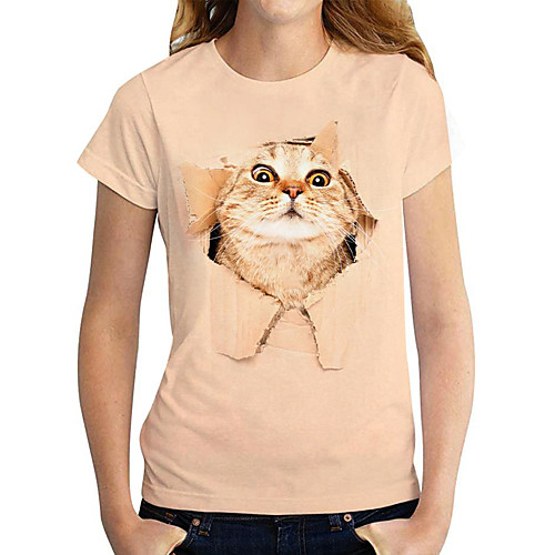 

Women's T shirt Cat 3D Animal Print Round Neck Tops Basic Basic Top Orange