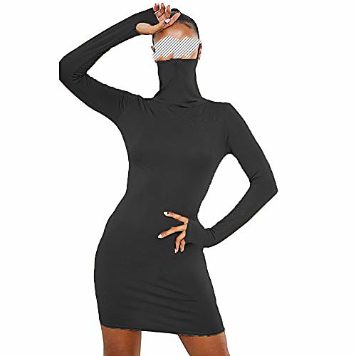 

antopmen women face mask high neck long sleeve with thumb hole dress slim bodycon mini party dresses(small, black)