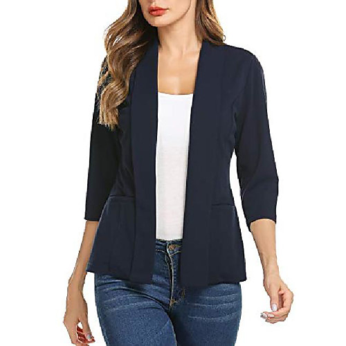 

jersey knit blazer for women open front 3 4 sleeves office jacket stretch suit with pockets navy blue x-large