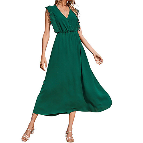 

Women's Chiffon Dress Maxi long Dress Green Sleeveless Solid Color Ruched Summer V Neck Elegant 2021 XS S M L XL