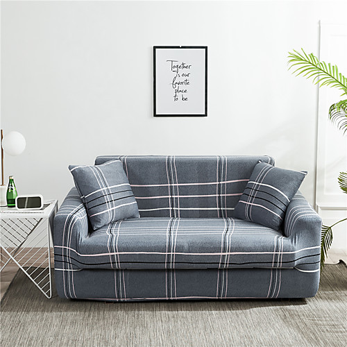 

Gray Grid Print Dustproof All-powerful Stretch Sofa Cover Super Soft Fabric with One Free Boster Case