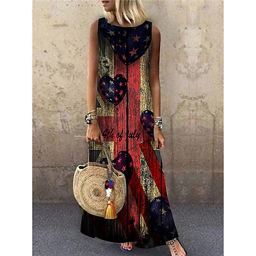 

Women's Shift Dress Maxi long Dress Red Sleeveless Print Flag Print Spring Summer Round Neck Casual 2021 S M L XL XXL 3XL