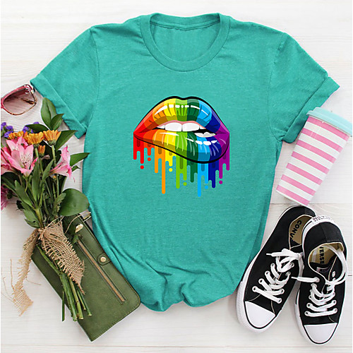 

Women's T shirt Rainbow Graphic Mouth Print Round Neck Tops Basic Basic Top Black Blue Blushing Pink