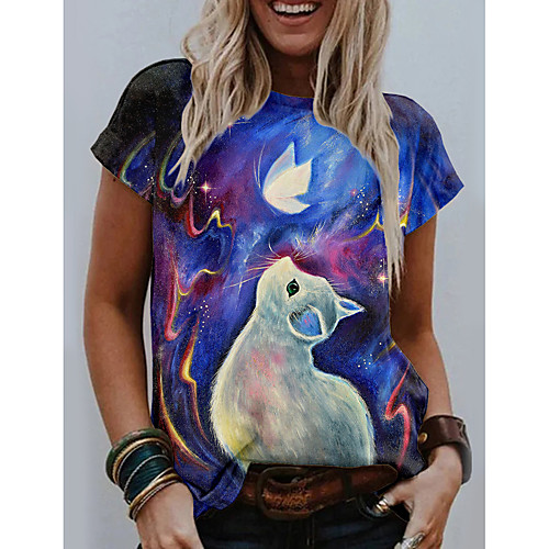 

Women's T shirt Graphic Animal Print Round Neck Tops Basic Basic Top Blue