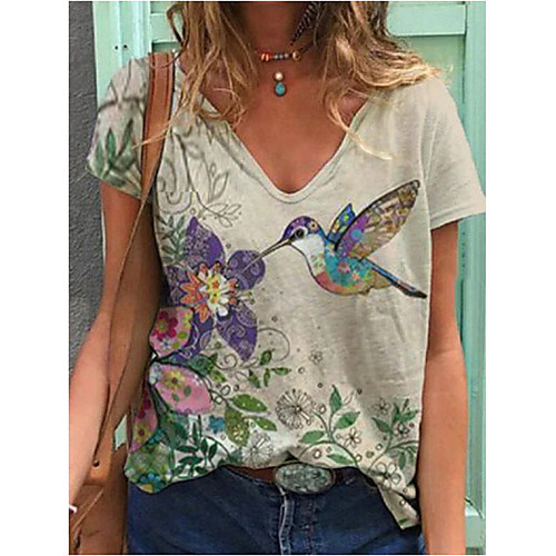 

Women's T shirt Plants Flower Animal V Neck Tops Basic Basic Top Light Green