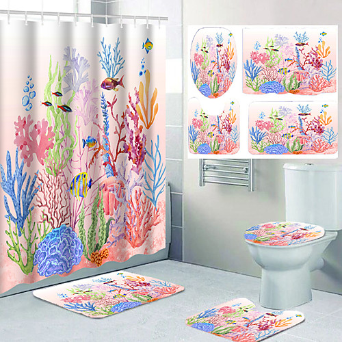 

Undersea Plants Ocean Theme Bathroom Waterproof Shower Curtain and Hook Cushion Four-piece Casual Decoration