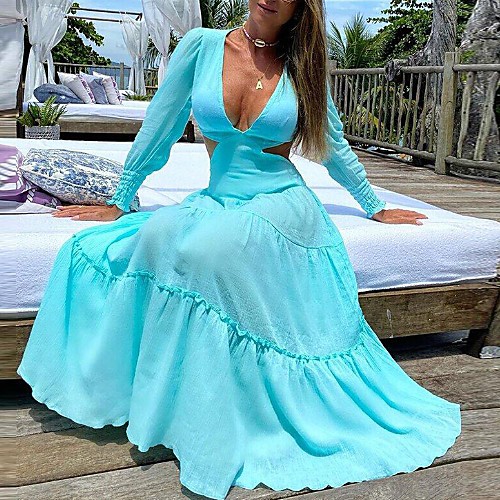 

Women's Sheath Dress Maxi long Dress Blue Long Sleeve Solid Color Color Block Summer V Neck Elegant 2021 S M L XL