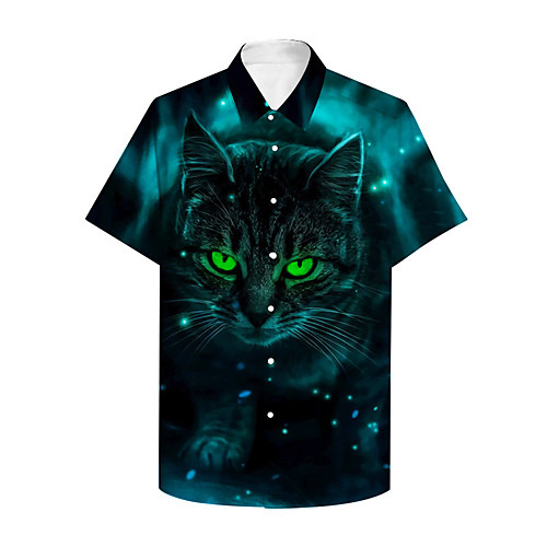 

Men's Shirt 3D Print Cat Graphic Prints Animal Button-Down Print Short Sleeve Daily Tops Casual Designer Big and Tall Blue