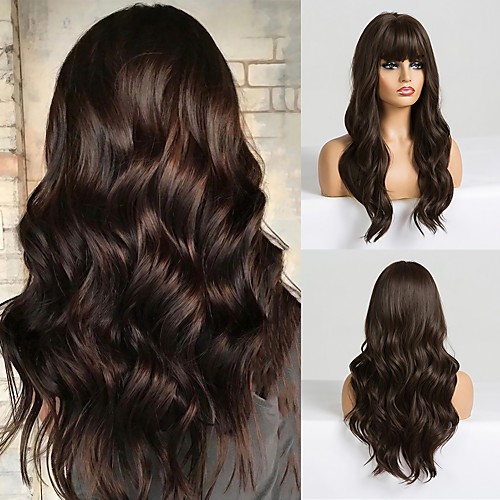 

Long Dark Brown Women's Wigs with Bangs Water Wave Heat Resistant Synthetic Wigs for Black Women African American Hair