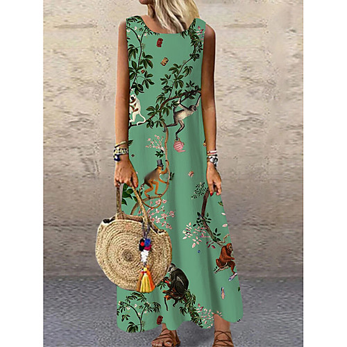 

Women's Shift Dress Maxi long Dress Green Sleeveless Floral Print Print Spring Summer Round Neck Casual 2021 S M L XL XXL 3XL