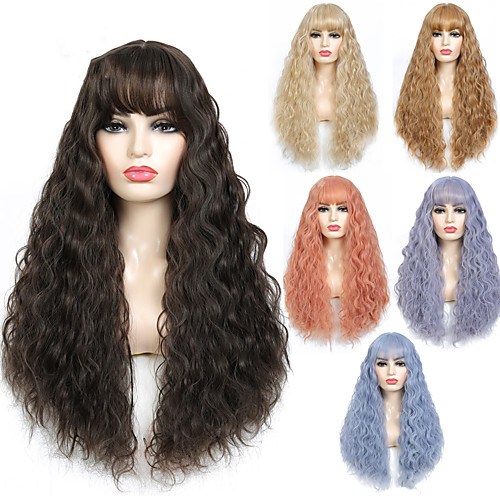 

Curly Synthetic Wig with Bangs Wave Long Hair Wigs Heat Resistant Cosplay Wig for Black Women African American 6 Colored