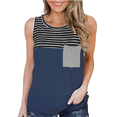 

Women's Tank Top Striped Round Neck Tops Basic Top White Black Blushing Pink