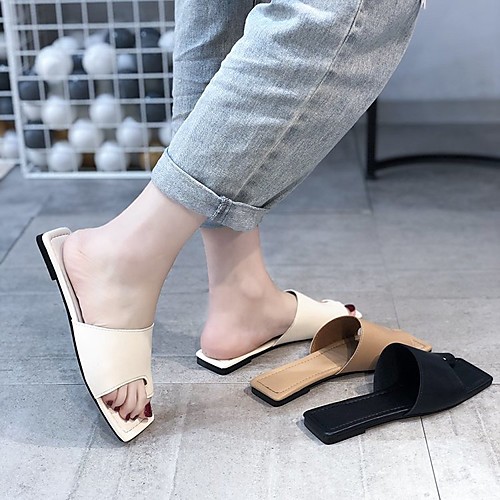 

Women's Sandals Flat Heel Square Toe PU Solid Colored Black Khaki Beige