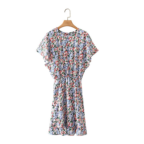 

Women's Sheath Dress Short Mini Dress Multicolor_1 Short Sleeve Floral Print Summer Round Neck Vintage Batwing Sleeve 3D Print S M L