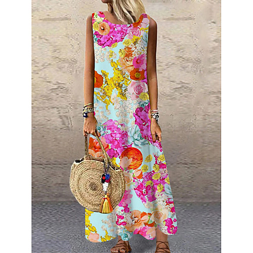 

Women's Shift Dress Maxi long Dress Red Sleeveless Floral Print Print Spring Summer Round Neck Casual 2021 S M L XL XXL 3XL