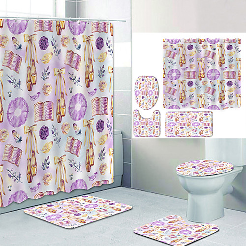 

Purple Flowers Digital Printing Four-piece Set Shower Curtains and Hooks Modern Polyester Machine Made Waterproof Bathroom