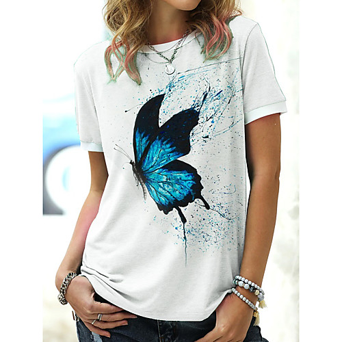 

Women's T shirt Animal Print Round Neck Tops Basic Basic Top White Blue Yellow