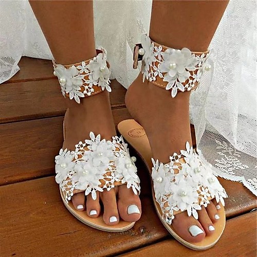 

Women's Sandals Boho Bohemia Beach Flat Heel Round Toe Rubber Lace Flower Solid Colored White