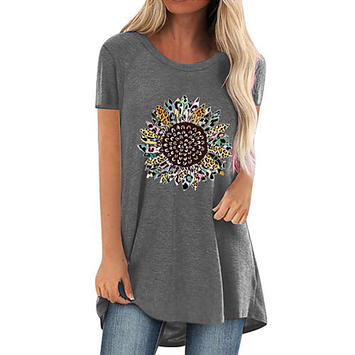 

amazon 2021 summer hot sale independence day sunflower print casual large size long round neck short sleeve t-shirt women