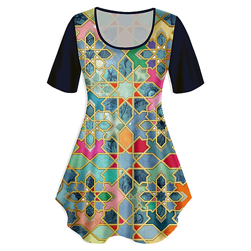 

Women's Plus Size Print Graphic Color Block T shirt Large Size Crewneck Short Sleeve Basic Tops XL XXL 3XL Blue Big Size
