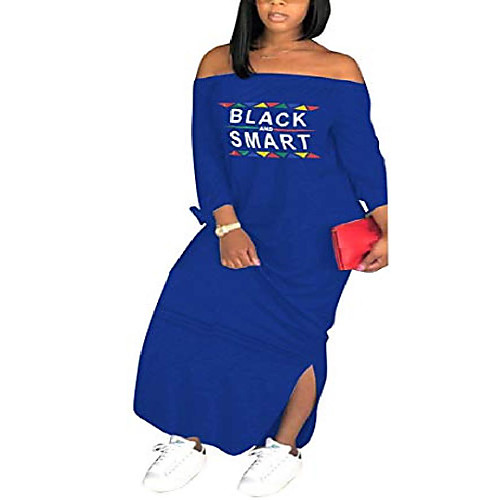 

fcutel womens sexy off shoulder letter print t shirt maxi dress plus size long sleeve slit dresses blue