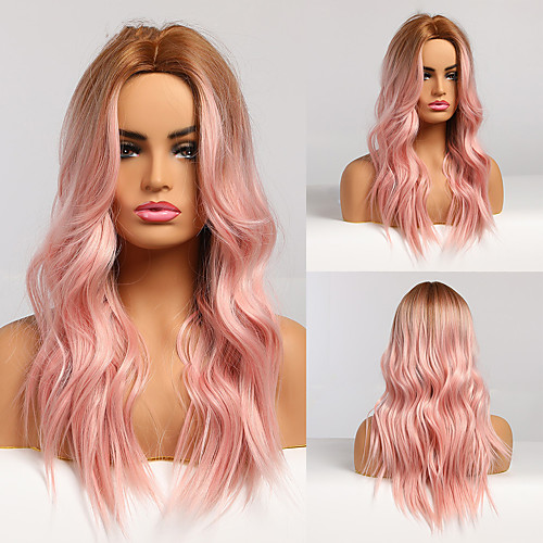 

Middle Part Long Natural Wave Hair Synthetic Wigs Golden Brown Pink Cosplay Wigs for Black Women Heat Resistant