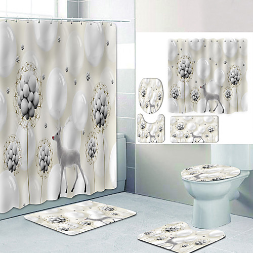 

White Balloon Digital Printing Four-piece Set Shower Curtains and Hooks Modern Polyester Machine Made Waterproof Bathroom