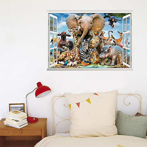 

3D Fake Window New Wall Paste Elephant Animal World Park Home Corridor Background Decoration Can Be Removed Stickers