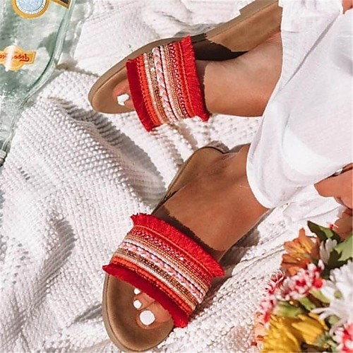 

Women's Sandals Flat Heel Round Toe Rubber Tassel Color Block Almond Red
