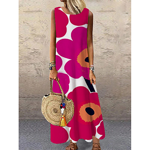 

Women's Shift Dress Maxi long Dress Fuchsia Sleeveless Floral Print Print Spring Summer Round Neck Casual 2021 S M L XL XXL 3XL