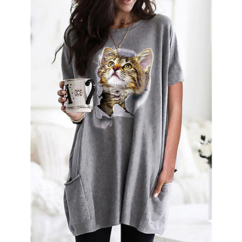 

Women's T shirt Dress Cat Graphic Round Neck Tops Basic Basic Top Black Wine Army Green
