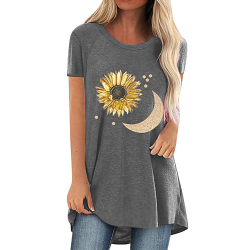 

amazon 2021 summer hot sale sunflower moon print casual large size long round neck short sleeve t-shirt women