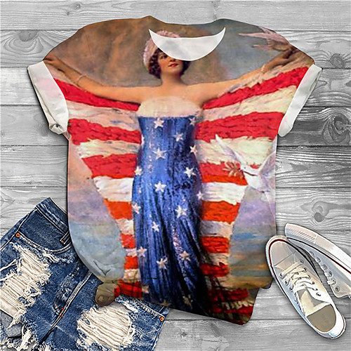 

Women's Plus Size Print Graphic Portrait Flag T shirt Large Size Crewneck Short Sleeve Basic Tops XL XXL 3XL Red Big Size