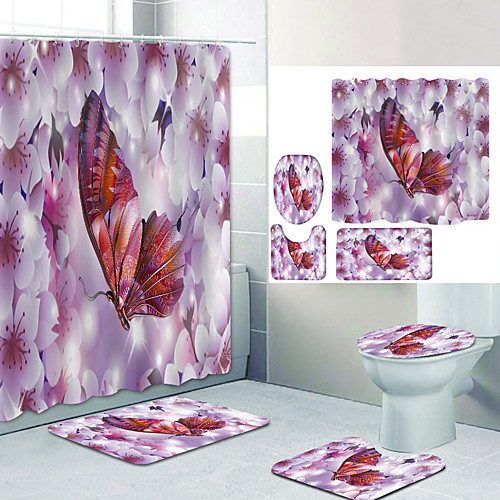 

Peach Blossom Butterfly Digital Printing Four-piece Set Shower Curtains and Hooks Modern Polyester Machine Made Waterproof Bathroom