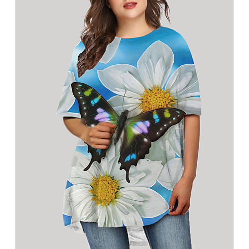 

Women's Plus Size Floral Graphic Butterfly Print Basic Half Sleeve Fall Short Mini Dress T Shirt Dress Tee Dress Blue