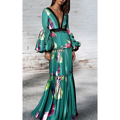 

Women's Sheath Dress Maxi long Dress Green Long Sleeve Floral Patchwork Print Spring Summer V Neck Casual Flare Cuff Sleeve 2021 S M L XL XXL