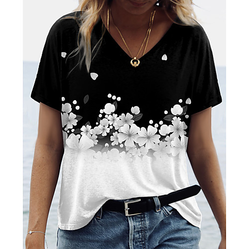 

Women's T shirt Floral Color Block Print V Neck Tops Basic Basic Top Black