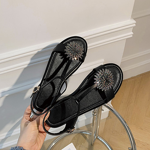 

Women's Sandals Flat Heel Open Toe Cowhide Microfiber Buckle Solid Colored Black Beige