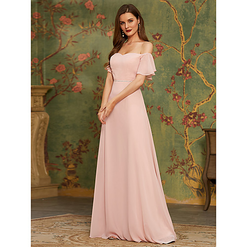 

A-Line Off Shoulder Floor Length Chiffon Bridesmaid Dress with Ruffles