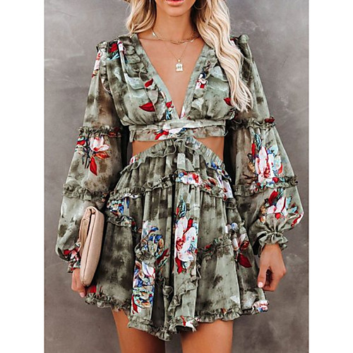 

Women's A Line Dress Short Mini Dress White Green Long Sleeve Floral Backless Ruched Patchwork Fall Summer V Neck Elegant Casual 2021 XS S M L XL XXL