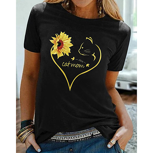 

Women's T shirt Floral Heart Text Print Round Neck Tops 100% Cotton Basic Basic Top White Black