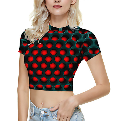 

Women's Crop Tshirt Graphic Optical Illusion 3D Print Round Neck Tops Basic Basic Top White Black Blue