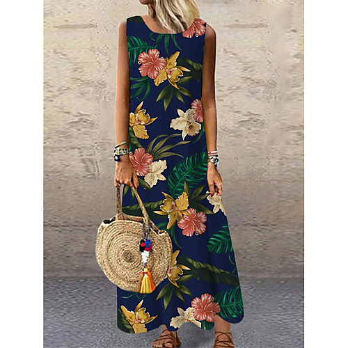 

Women's Shift Dress Maxi long Dress Black Sleeveless Floral Print Print Spring Summer Round Neck Casual 2021 S M L XL XXL 3XL