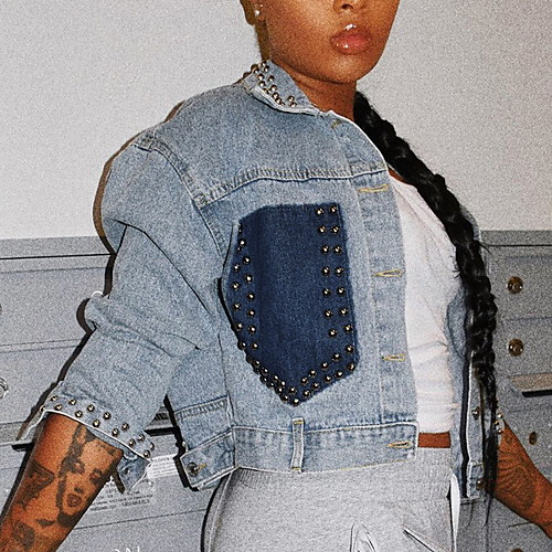 

Women's Jackets Color Block Beaded Casual Fall Jacket Regular Daily Long Sleeve Denim Coat Tops Light Blue