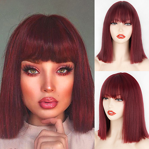 

Synthetic Wig Natural Straight Neat Bang Wig Short Wine Red Synthetic Hair Women's Cosplay Party Fashion Burgundy