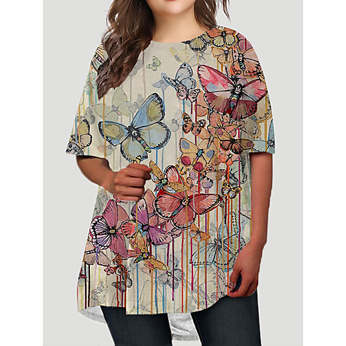 

Women's Plus Size Dresses T Shirt Dress Tee Dress Short Mini Dress Half Sleeve Graphic Butterfly Print Basic Fall Light Yellow Green XL XXL 3XL 4XL 5XL / Holiday