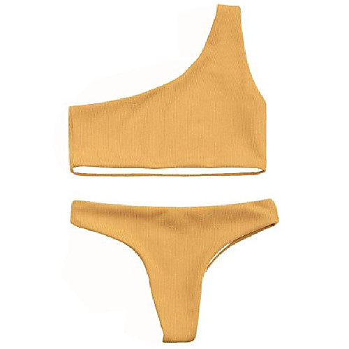 

polkra women sexy one shoulder swimsuit two pieces bathing suits ruched tankini swimwear (m, yellow)