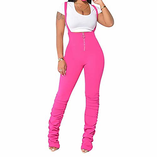 

iymoo womens casual jumpsuits overalls zipper stacked leggings pant romper bell bottom trousers pink l