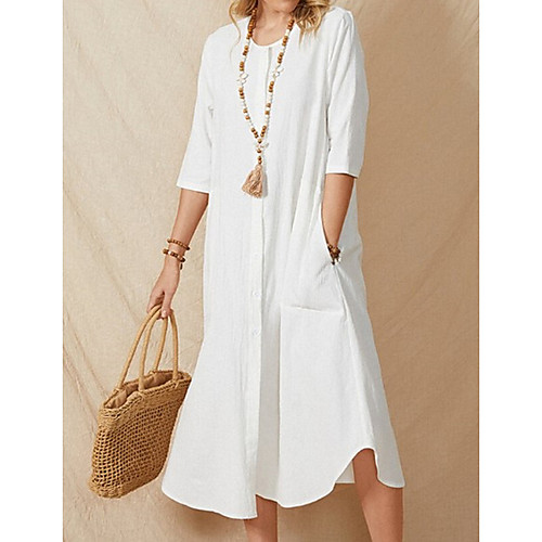 

Women's Cotton Linen Dress Maxi long Dress White Half Sleeve Solid Color Classic Retro Pure Color Fall Spring Round Neck Casual T-shirt Sleeve Loose Retro S M L XL XXL 3XL